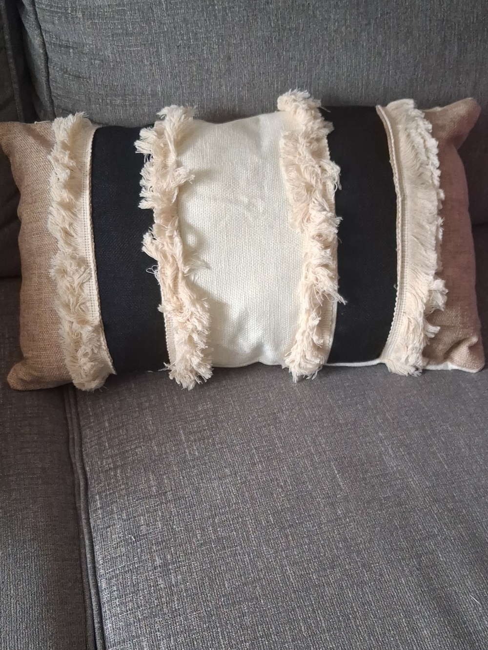 BoHo Fringe Stripe Decorative Lumbar Pillow Cover Beige, Black & Cream